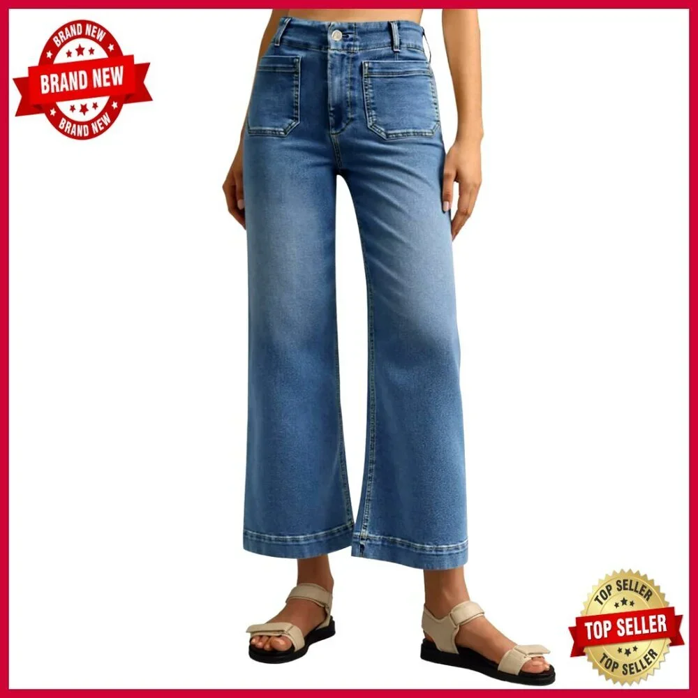 High Waisted Wide Leg Cropped Jeans Stretchy Flare Denim Pants - Picture 1 of 7
